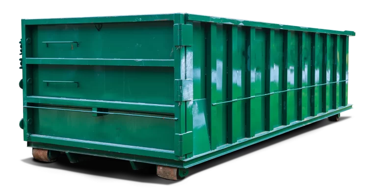 Cette image montre un grand conteneur à déchets industriel de couleur verte, isolé sur un fond noir. Le conteneur présente des renforts métalliques sur les côtés et des barres pour faciliter le levage et le déplacement. Les roues à l'une de ses extrémités permettent un transport facile. La peinture verte est quelque peu écaillée, indiquant un usage fréquent. | Service de conteneur - Recyclage LGI